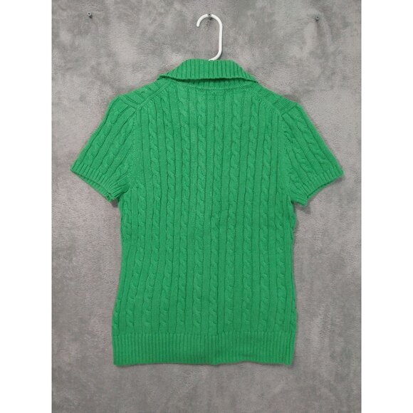 LL Bean Sweater Womens Medium Green Cardigan Cable Knit Short Sleeves Button Up - Picture 2 of 7